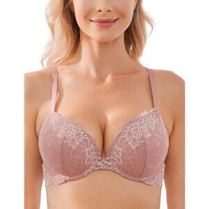 Wingslove Push Up Bra Lace Comfort Padded Add 1 Cup Bra Plunge Pink 32D NWT